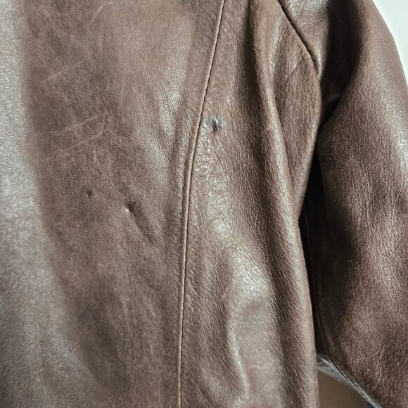 Vintage Chocolate Brown Leather Jacket Notched Lapel Button Front Coat S Classic - Picture 10 of 15